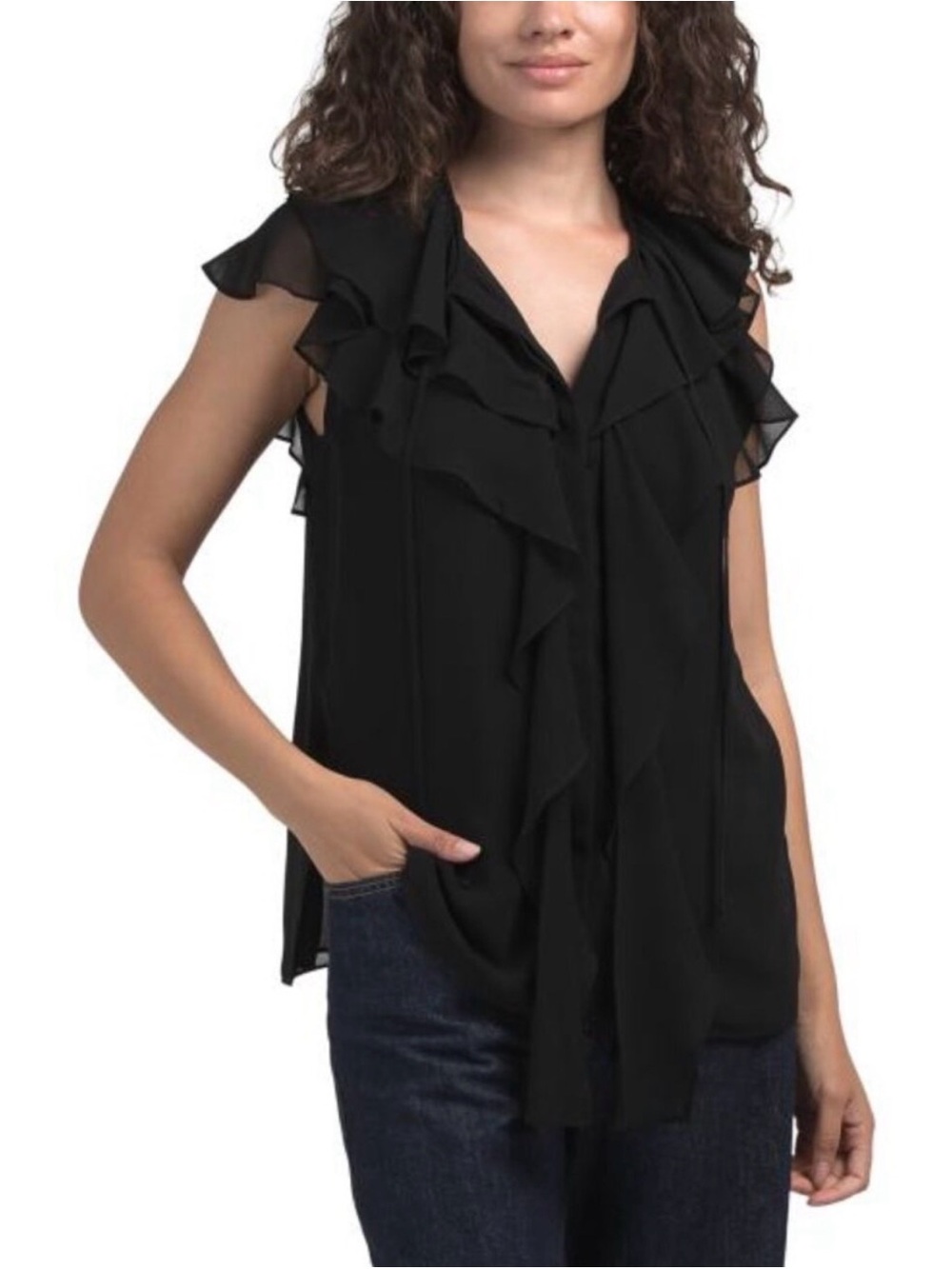 Kobi Halperin Marah Black Ruffle Tie-Front Sleeveless Blouse. Size XS. MSRP $298